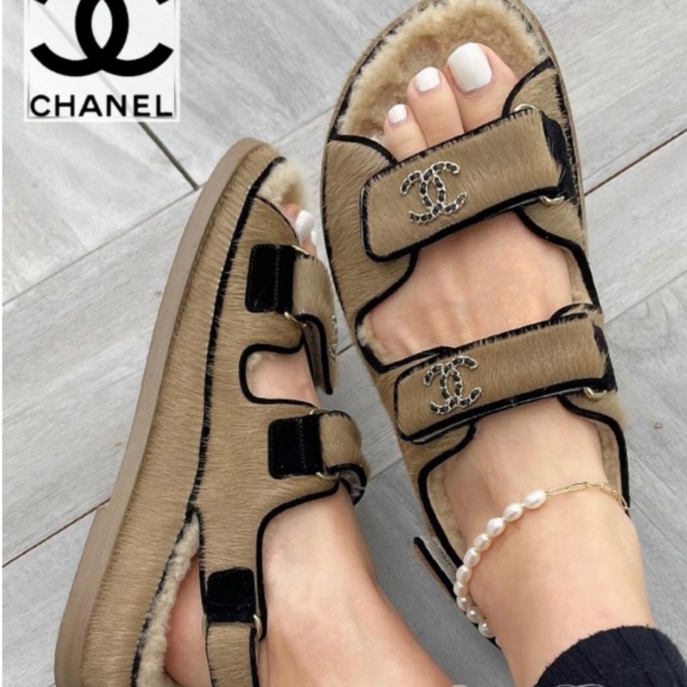 Chanel pony hair shearling dad sandals